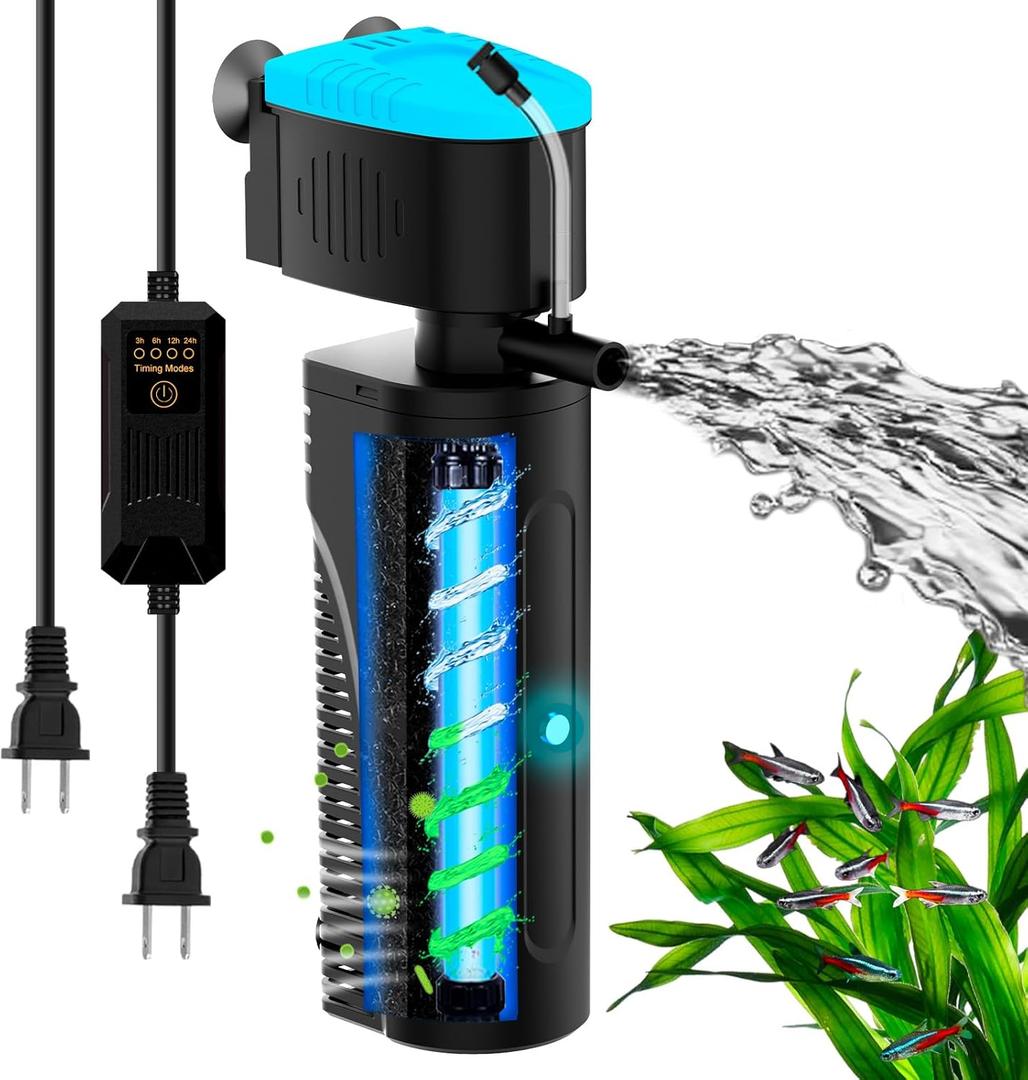 Aquarium Filter with Aeration & Rainfall Mode, U - V Fish Tank Filter with Timer (3/6/12/24 Hours) for Green Water Cleaning, Turtle Tank Filter with Efficient Filter Sponge (60-150Gal)