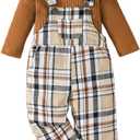 Toddler Baby Girl Christmas Clothes Ruffled Top Plaid Bib Overalls Pocket Suspender Pants Set Thanksgiving Outfits, 6-12M