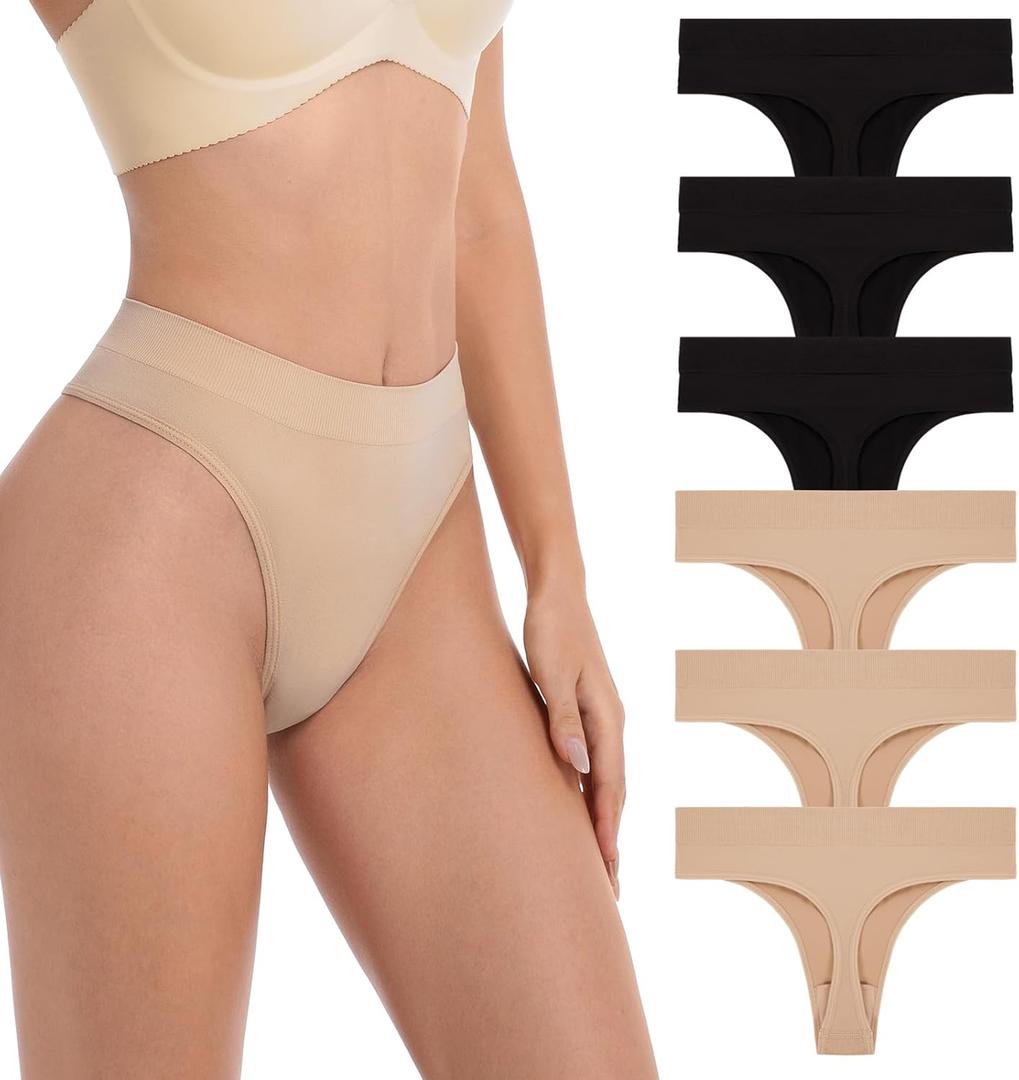 Fondtec Womens Seamless No Show Thong Underwear, High Waisted G-String, Cotton Gusset, Breathable Stretch, 6 Pack, Black/Nude, Large