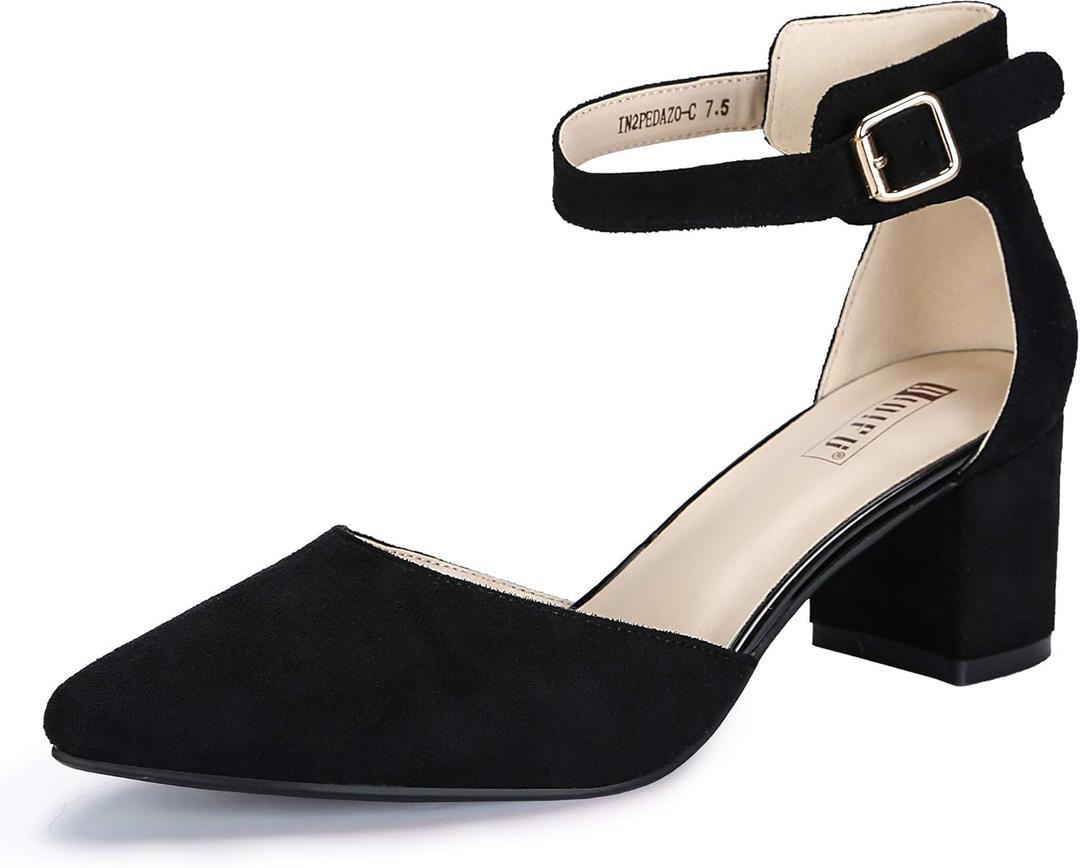 IDIFU Women's IN2 Pedazo Dress Shoes Low Block Heels Comfortable Chunky Closed Toe Ankle Strap Wedding Pumps (8.5)
