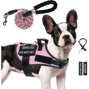 No Pull Dog Harness Small Medium Sized Dog, Service Dog Harness and Leash Set with 4 Patches, Adjustable Easy Walk Dogs Harnesses with Handle, Dogs Vest Harnesses French Bulldog, Chihuahua(Pink, S)