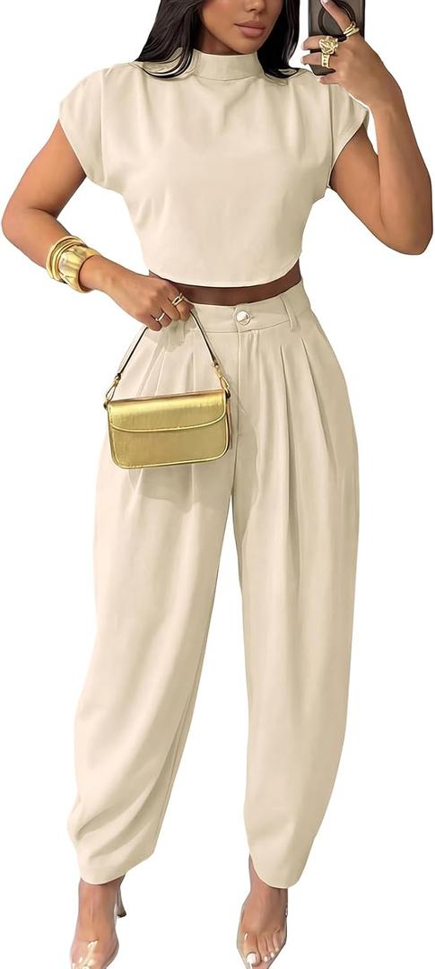 kaimimei 2 Piece Sets for Women Casual Crop Tops and Palazzo Pants (Beige, S)