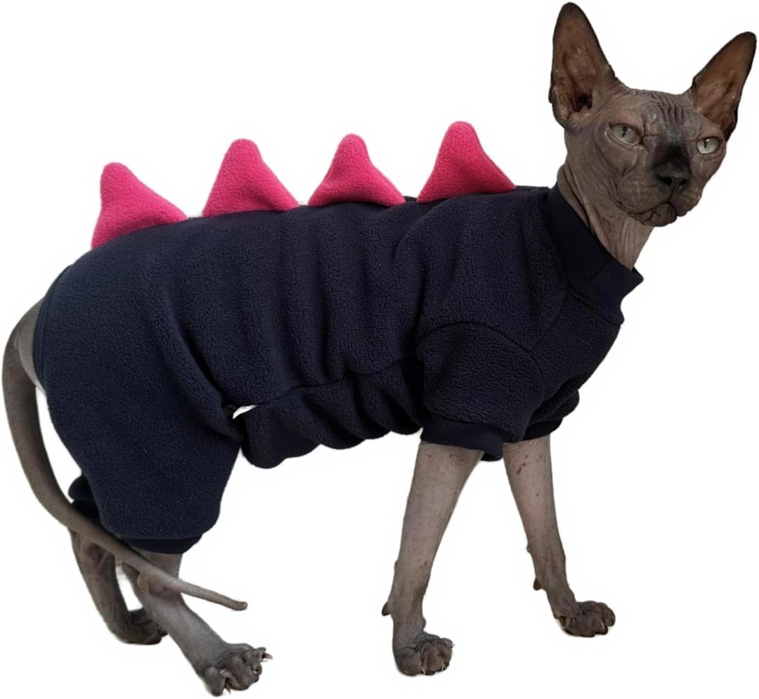 Four Leg Dinosaur Sphynx Cat Clothes Pjamas Hairless Cat Warm Polar Fleece Jumpsuit Elastic Pet Clothes for Sphynx Cat Surgery Recovery Suit Hairless Cat Shirt for Devon, Cornish (Black, Medium) (M (5.5-6.6 lbs))
