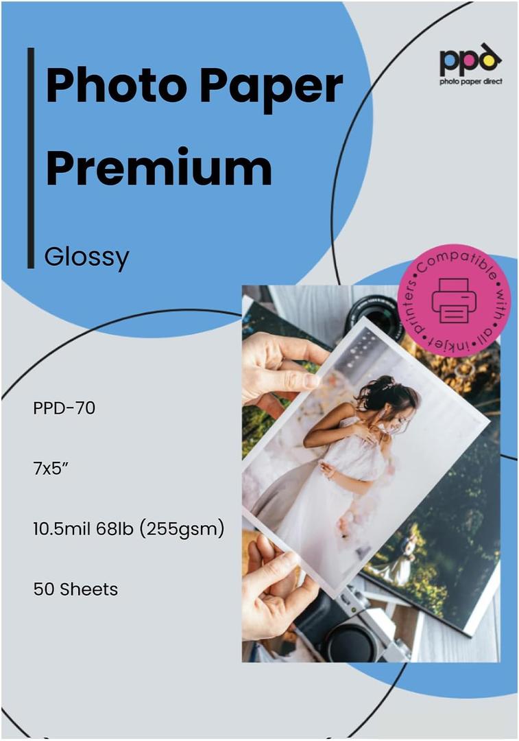 PPD Glossy Photo Paper for Inkjet Printer, 5 x 7" Premium Quality Printable Sheets for Custom Picture, Professional Photographic Instant Dry For with Normal, Dye or Pigment Ink (100 Pack/280 gsm)
