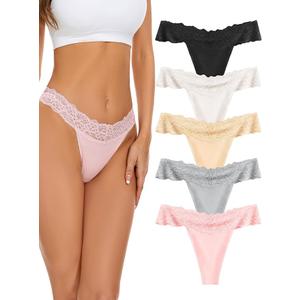 voenxe Seamless Thong for Women,No Show Lace Underwear,Ladies Breathable Comfort Panties Soft Laser Cut Undies,Tanga,5-Pack
(Medium)