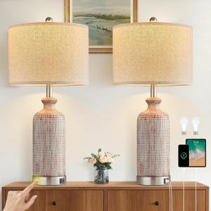 Living Room Lamps Set of 2, 27" Touch Lamps for Nightstand with USB A+C Ports, Modern Farmhouse Table Lamps for Bedroom, Red and White