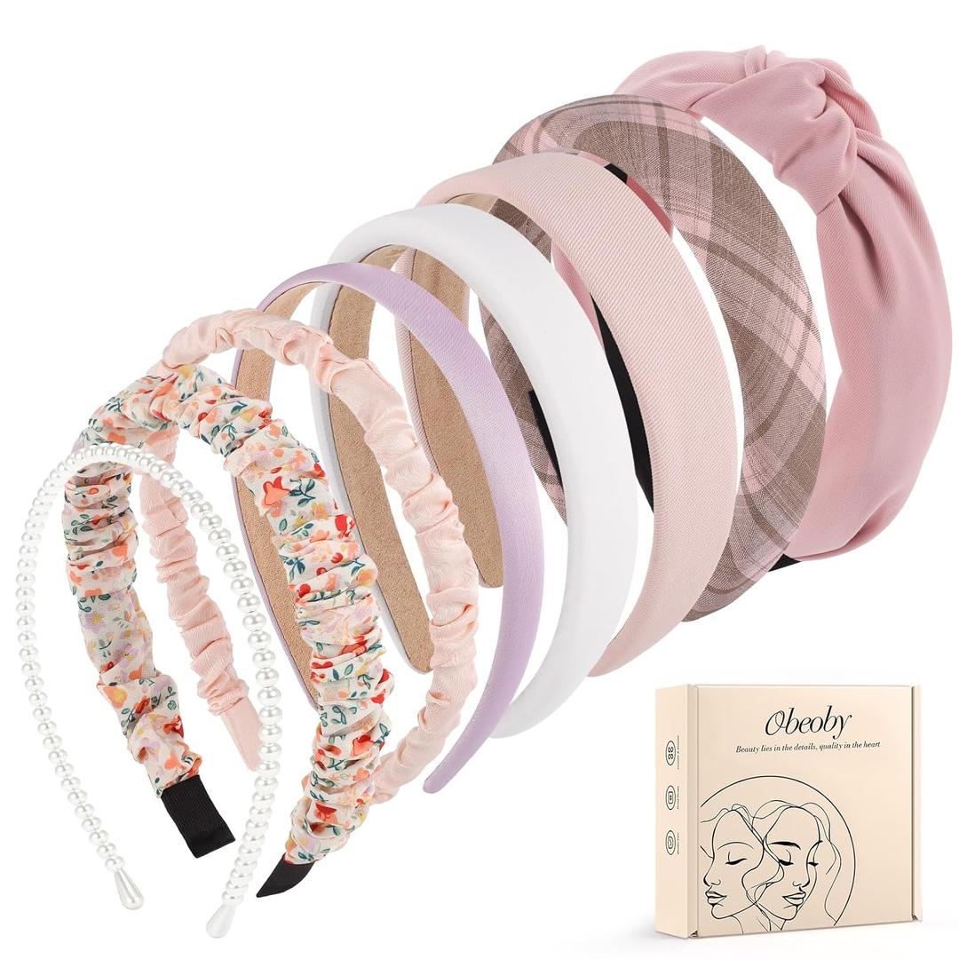 obeoby 8 Pack Pink Trendy Headbands for Girls, Multiple Styles Headbands for Croquett Y2k Hairstyle Management Non Slip Floral Pearl Hairband Gifts