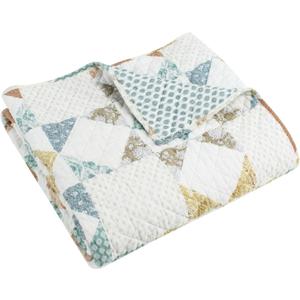 Levtex Home - Lottie - Throw - Patchwork - Sienna Teal Green Ochre Taupe and Cream - Throw Size 50x60in. -Cotton