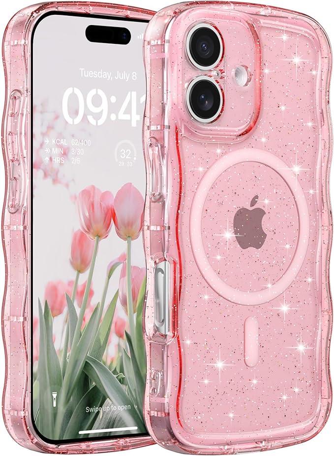 FABSPARK Case for iPhone 16e/17e,Compatible with MagSafe,Magnetic Clear Curly Wavy Frame Wave Case with Sparkly Bling Glitter,Transparent Acrylic Hard PC for iPhone 17e/16e,Glitter Clear Pink