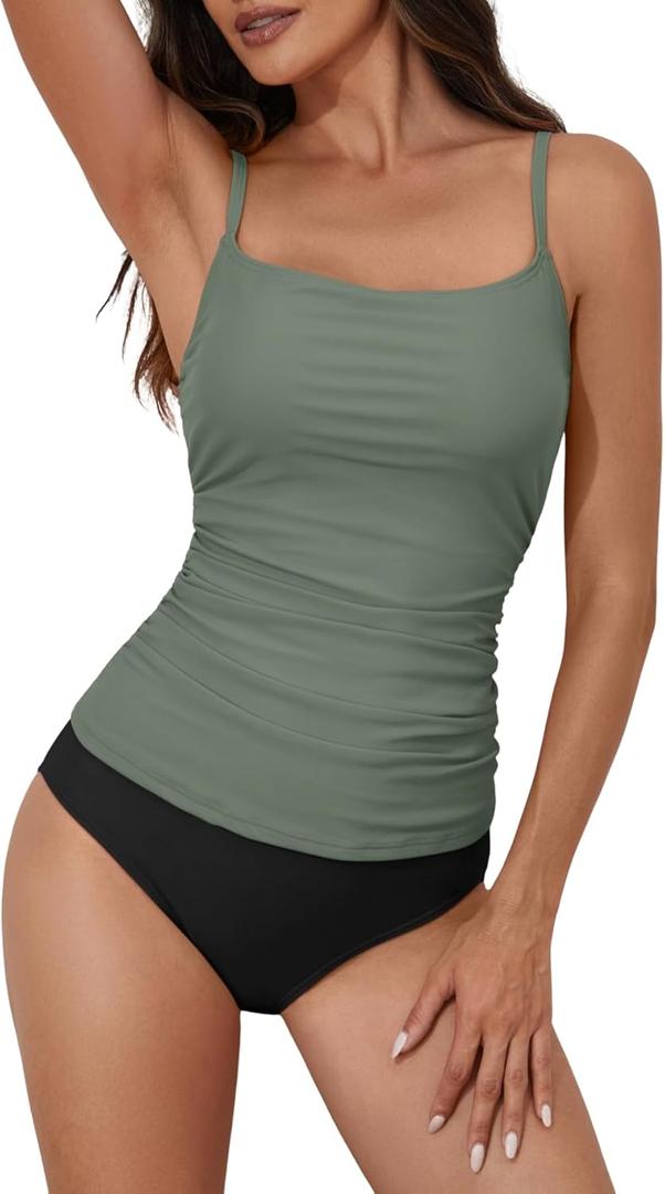 Eomenie Women's Swimsuit Tankini Tummy Control Bathing Suits Two Piece Full Coverage Slim Swim Suits with High Waisted Bottom (Small, Green and Black)