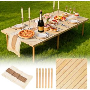 Folding Picnic Table with Boho Table Runner 60" x 30" Wooden Low Table, Portable for Indoor Outdoor Use Ideal for Camping Beach Weddings Garden Parties (Seats 6), 60" x 30" x 16.9"