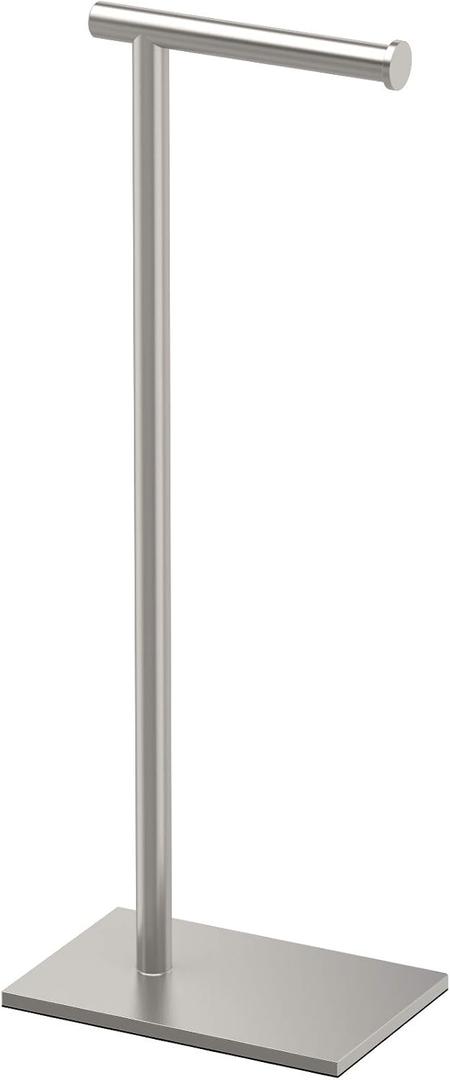 Gatco 1431SN, Modern Rectangle Base Freestanding Toilet Paper Holder, 22.25, Satin Nickel/Free Standing Toilet Tissue Holder Stand with Weighted Base