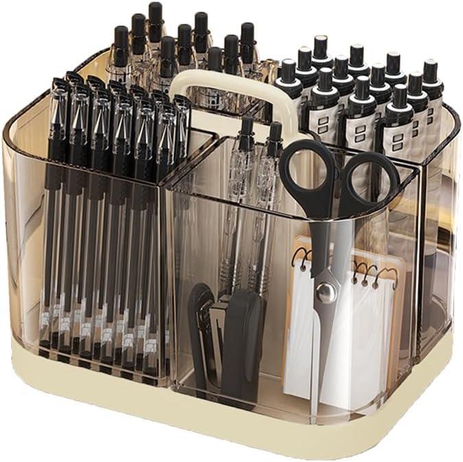 Stackable Caddy Organizer with Handle, Transparent Portable Desk Caddy for Art Craft Supplies, Office, Stationery, Pen Pencil Holder, Kitchen, Utensil, Makeup Organizer (Beige)