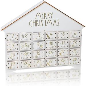 MorTime 24 Day Advent Calendar Decorated with 24 Storage Drawers, White Wooden Countdown to Christmas Calendar