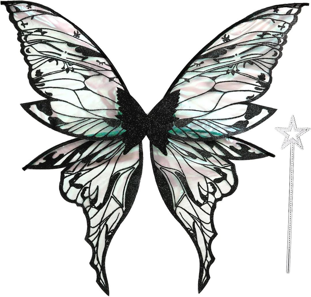 Fairy Wings for Adults Women 31.5"x29.5" Fairy Costume Set Large Butterfly Wings for Halloween Party (Black)