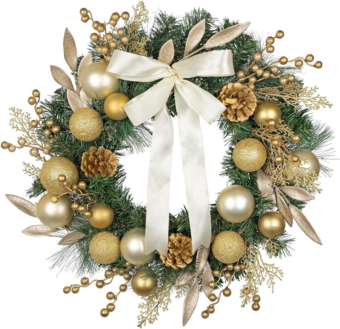 24 inch Christmas Door Wreath, Large Gold Wreaths for Front Door with Champagne Bow Golden Ball Glittered Leaf Spray Stems Pinecones for Fireplace Xmas Decorations, Wall Window Indoor Outdoor Decor