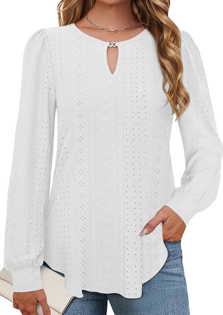 Womens Long Sleeve Eyelet Tops V Neck Fall Shirts Casual Loose Blouses (White, L)
