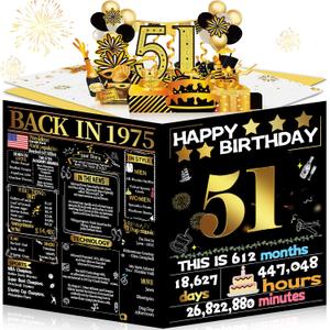 Joycard 51st Birthday Card for Women Men, 3D Pop Up Happy Birthday Gift for Mother Dad, Funny 51 Year Old Birthday Decorations for Wife Husband, Back in 1975 Laser Gold Retro Theme