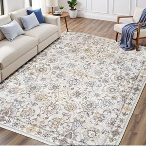Washable Area Rug 5x7 for Living Room & Bedroom, Large Neutral Floral Rugs, Soft & Non Slip, Low Pile Wool Carpets for Indoor Under Table Dining Home Office Nursery Playroom, Beige