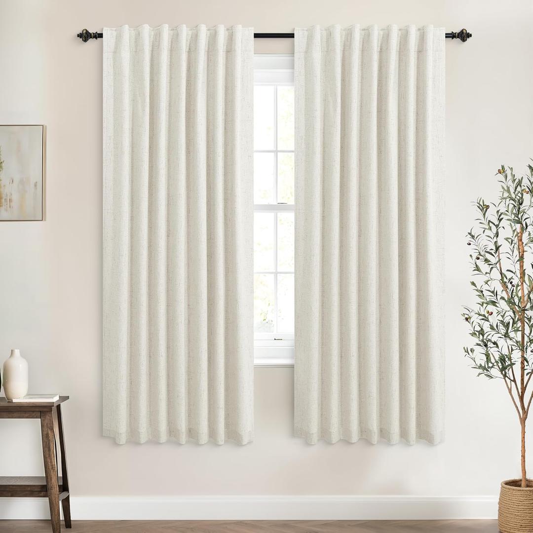 Linen Blackout Curtains for Bedroom 63 Inches Long, Black Out Curtains for Living Room Kids 63 Inch Length 2 Panels, Cream Beige