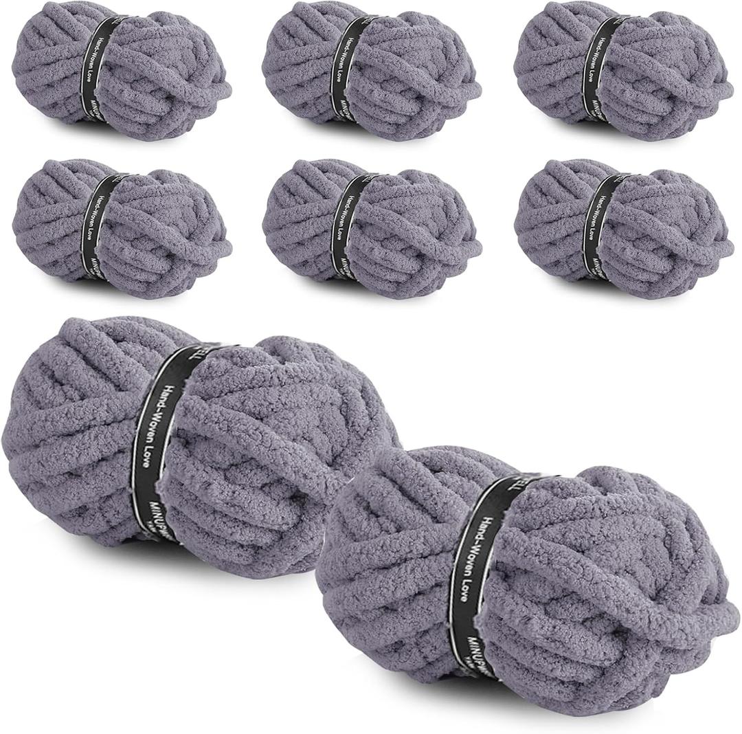 8 Packs Jumbo Chunky Chenille Yarn - 1820g(64oz) 254 Yards (761ft) Bulky Yarn - Chunky Yarn for Hand Knitting Blanket,Cushions, Pet Bed - Soft and Durable (Grey)