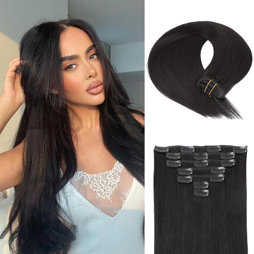 Clip in Hair Extensions Real Human Hair, Silky Straight Real Remy Human Hair Extensions Clip ins, Black Clip in Extensions for Women, 18inch 120g 7Pcs, 1B# Natural Black