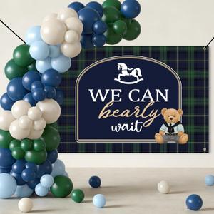 We Can Bearly Wait Baby Shower Decorations, 80PCS Teddy Bear Balloon Arch Kit with Green Plaid Bear Backdrop for Birthday, Baby Shower, Gender Reveal