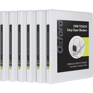 Oxford 3 Ring Binders, 0.5 inch ONE-Touch Easy Open D Rings, Durable Binders for School and Office, View Binder Covers, Xtralife Hinge, Non-Stick, PVC-Free, White, Holds 125 Sheets, 6 PK (79902)