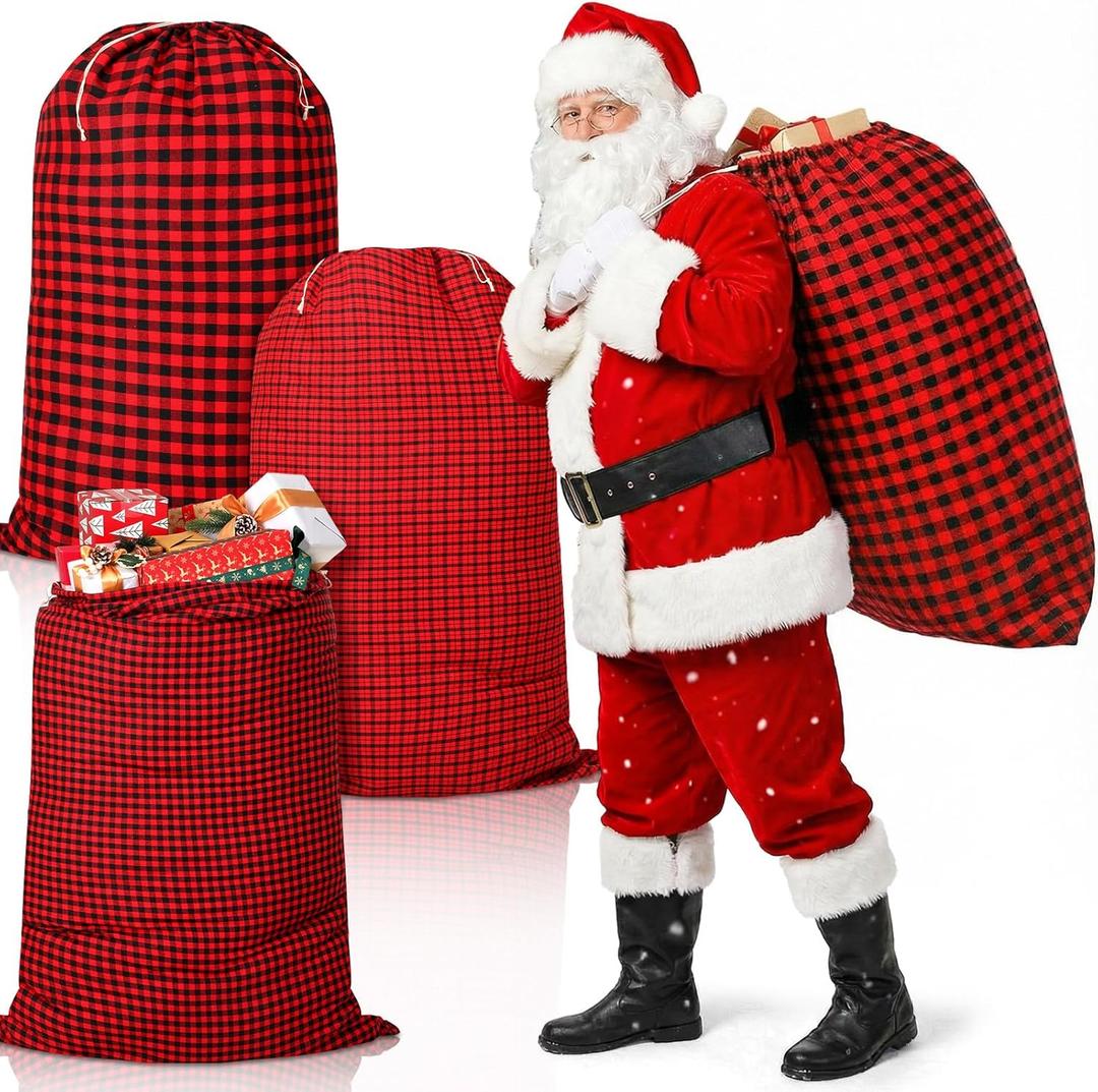 Sweetude 3 Pcs 35''x 55'' Extra Large Christmas Drawstring Gift Bags Cotton Red and Black Buffalo Plaid Bags Jumbo Christmas Presents Sacks for Xmas Holiday Candy Goodie Wrapping Party Favors