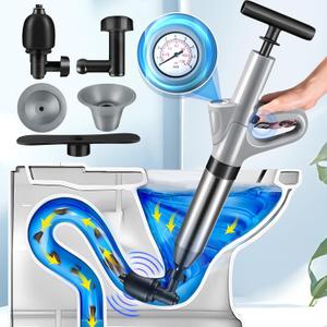High Pressure Toilet Plunger, Stainless Steel Air Drain Blaster, Powerful Air Plunger Sink Plunger with Visual Barometer, Drain Clog Remover Tool for Toilets Bathroom Floor Drain Clogged Kitchen Pipe