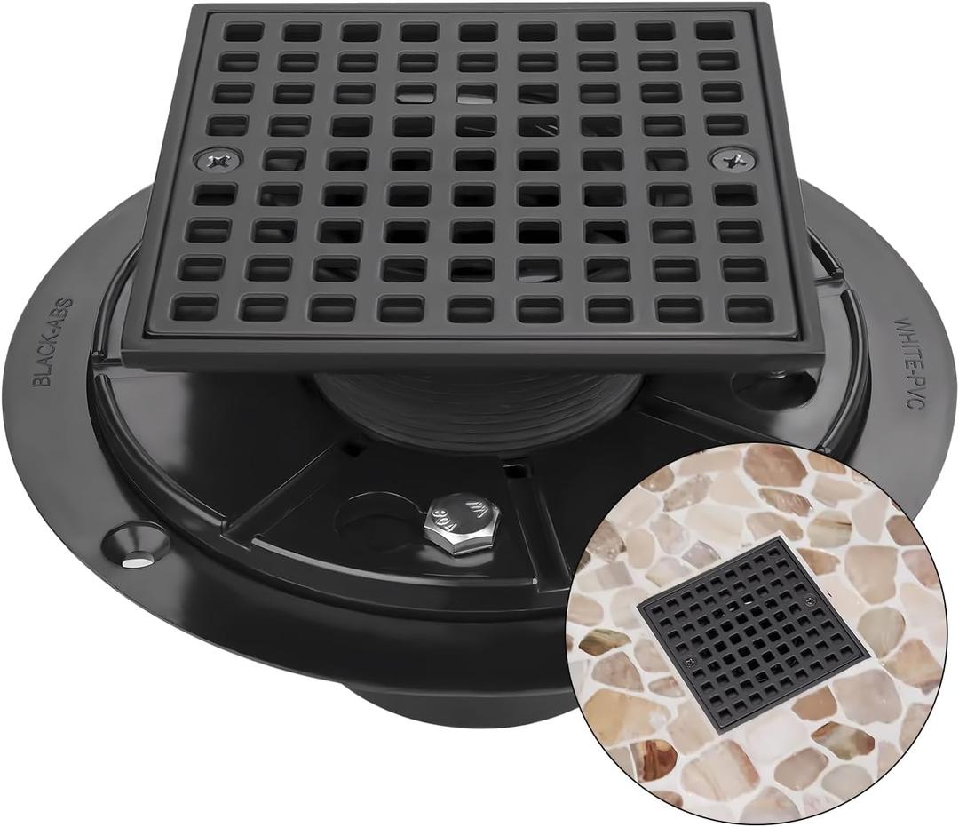 Matte Black 4 Inch Square Shower Drain with ABS Flange for 2 or 3 Inch Pipe - Low Profile 304 SS Shower Floor Drain Kit with Hair Carcher&CUPC - Strainer for Bathroom,Laundry Room
