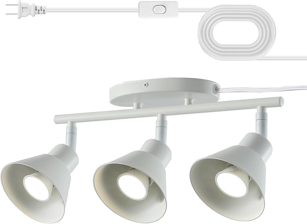 3 Light Plug in Track Lighting Kit,Modern Plug in Ceiling Light Fixture,16.4ft Cord,3 Way Ceiling Spot Lighting,Flexibly Rotatable Light Head (White)