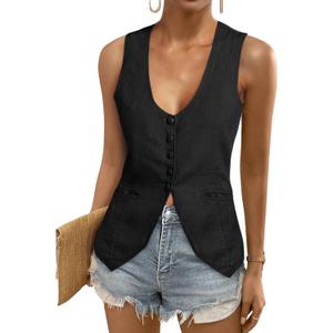Tankaneo Womens Scoop Neck Blazer Vest Summer Linen Sleeveless Fitted Waistcoat Work Casual Cotton Suit Tops (XL, Black)