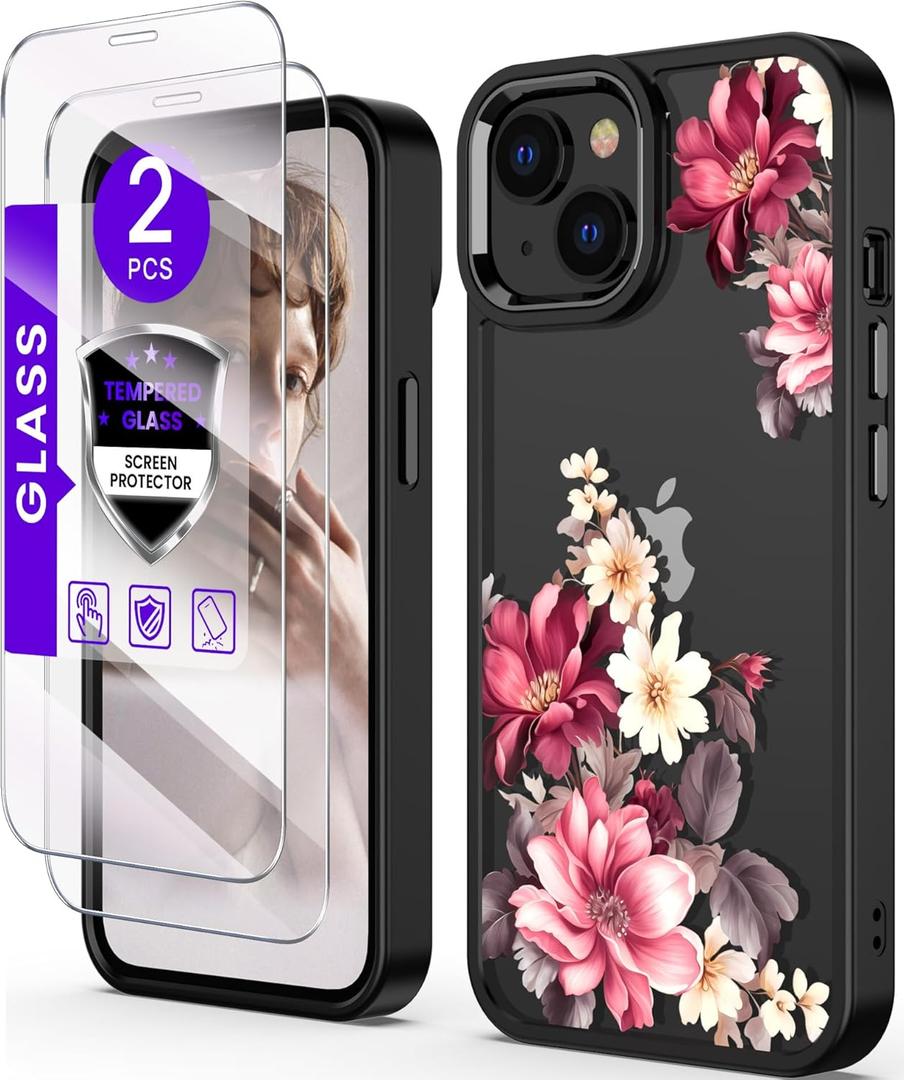for iPhone 14/13 Case+Tempered Glass Screen Protector, Military Grade Protective Slim Soft TPU & Hard PC,Girls Women Crystal Clear Flower Pattern Case Cover for iPhone 14/13-Safflower (Golden Shield Flower Series-Safflower)