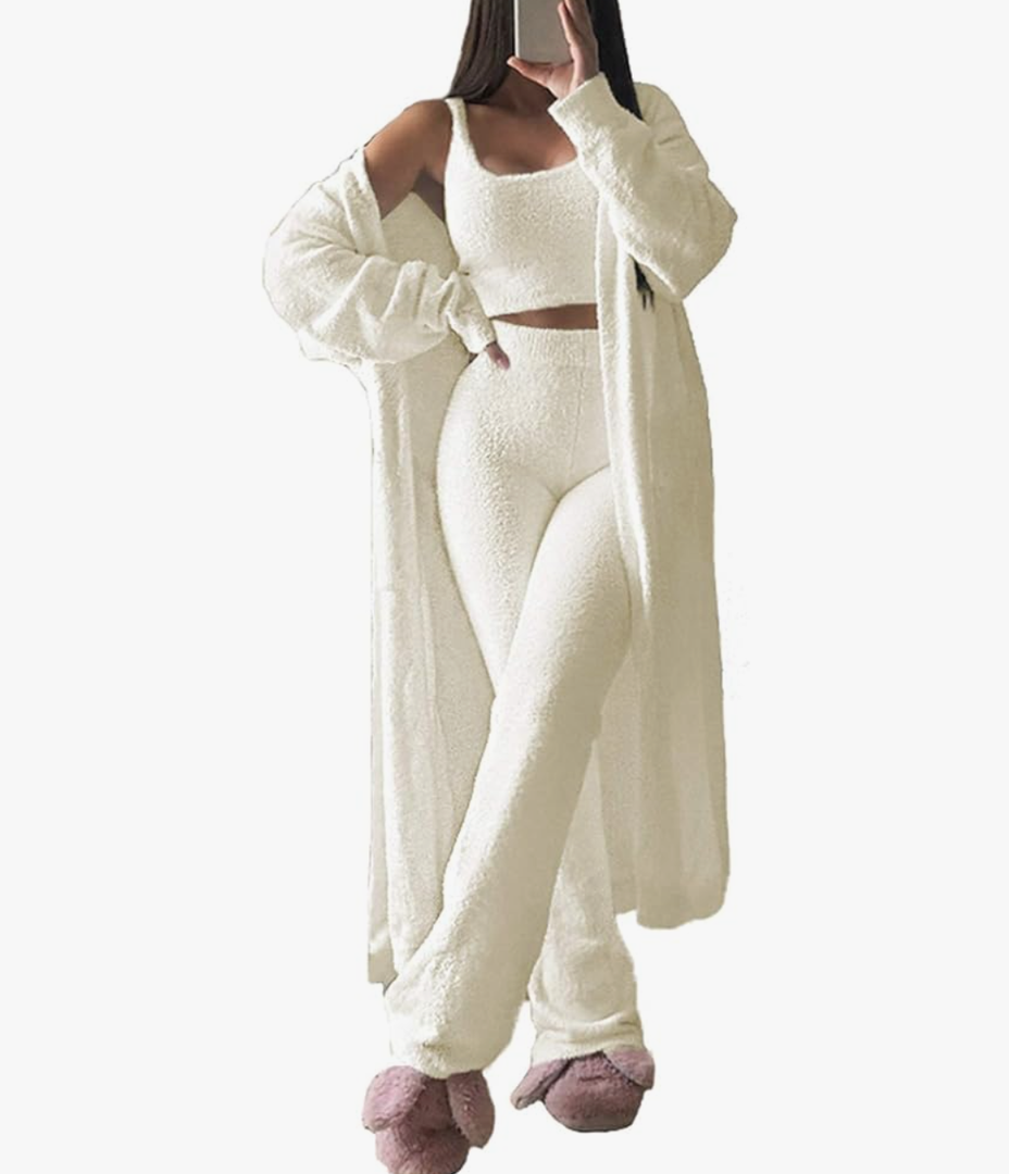 Fixmatti Women's Fuzzy 3 Piece Sweatsuit Open Front Cardigan Crop Tank Tops Wide Legs Pants Lounge Sets.L