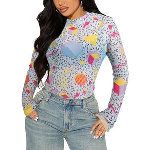 80s 90s Mesh Long Sleeve Shirt Women 90s 80s Themed Party Outfits Retro Sexy Neon Disco See Through Mock Neck Tops, XL