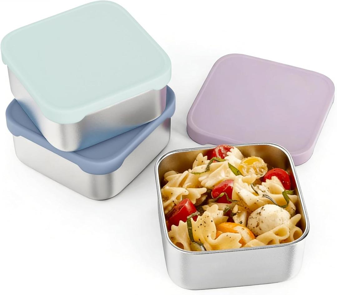 3 Pack 20oz Stainless Steel Snack Containers - 600ml Metal Lunch Box Container | Reusable Compact Food Containers for School, Office & Travel (Aqua, Blue, Muted Lilac)