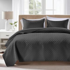 FLYMME King Size Quilt Bedding Set Black Lightweight Bedspreads Set,Modern Style Geometric Weave Stripe Pattern,Soft Microfiber Bed Coverlet 3 Pieces (1 Quilt, 2 Shams)
