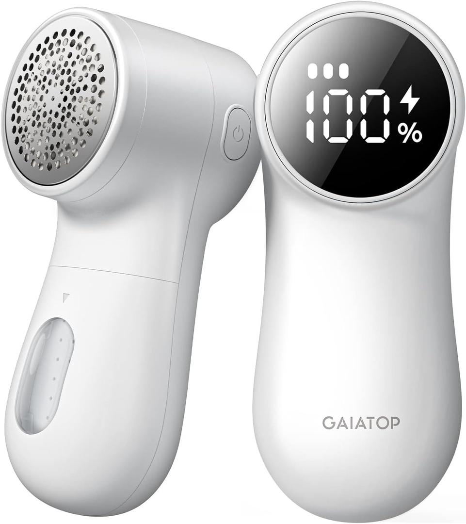 GAIATOP Fabric Shaver Rechargeable Lint Remover 3 Speeds Sweater Defuzzer, Cute Digital Screen Large Storage 6-Leaf Blades, Fuzz Pills Bobbles Trimmer for Clothes Furniture Bedclothes White