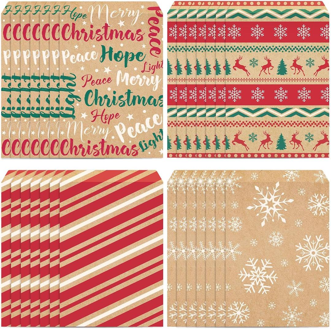 Pasimy 100 Pcs Christmas Kraft Treat Goodie Bags with Self Adhesive Vintage Xmas Candy Snack Cookie Bags Snowflake Elk Gift Buffet Paper Bags Bulk for Christmas Holiday Birthday Party Favor Supplies
