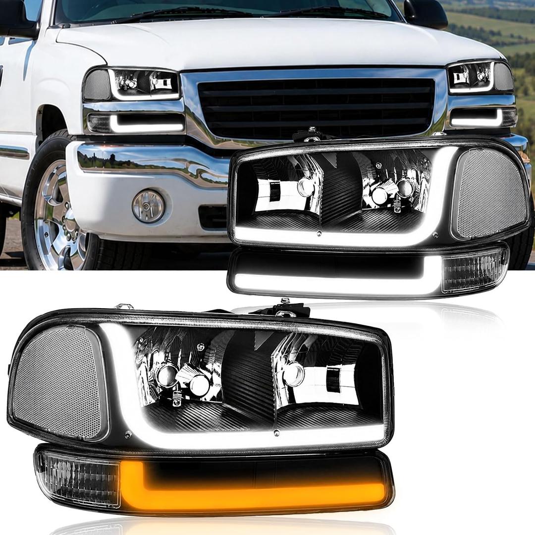 LED DRL Headlights Fit 1999-2007 GMC Sierra 1500/2001-2007 GMC Sierra 1500HD 2500HD 3500 (Only Fits 07 Classic Models,Not Fit All Denali Trims), Fit 99-06 Yukon Black Housing Clear Reflector