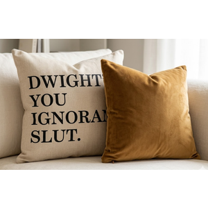 Set of 2 Decorative Throw Pillow Covers: 1 Linen Cover with "Dwight You Ignorant Slut" Print and 1 Solid Mustard Velvet Cover Features hidden zipper closure, two sizes 20"x20", 24"x24" Perfect for home decor 