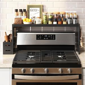 Bamboo Stove Shelf, Spice Shelf for Kitchen Stove, 31in Over the Stove Shelf, Stove Top Shelf for Back of Stove with EVA Kitchen Liner, Utensil Holder & 6 Hooks, for Over Stove(Black)