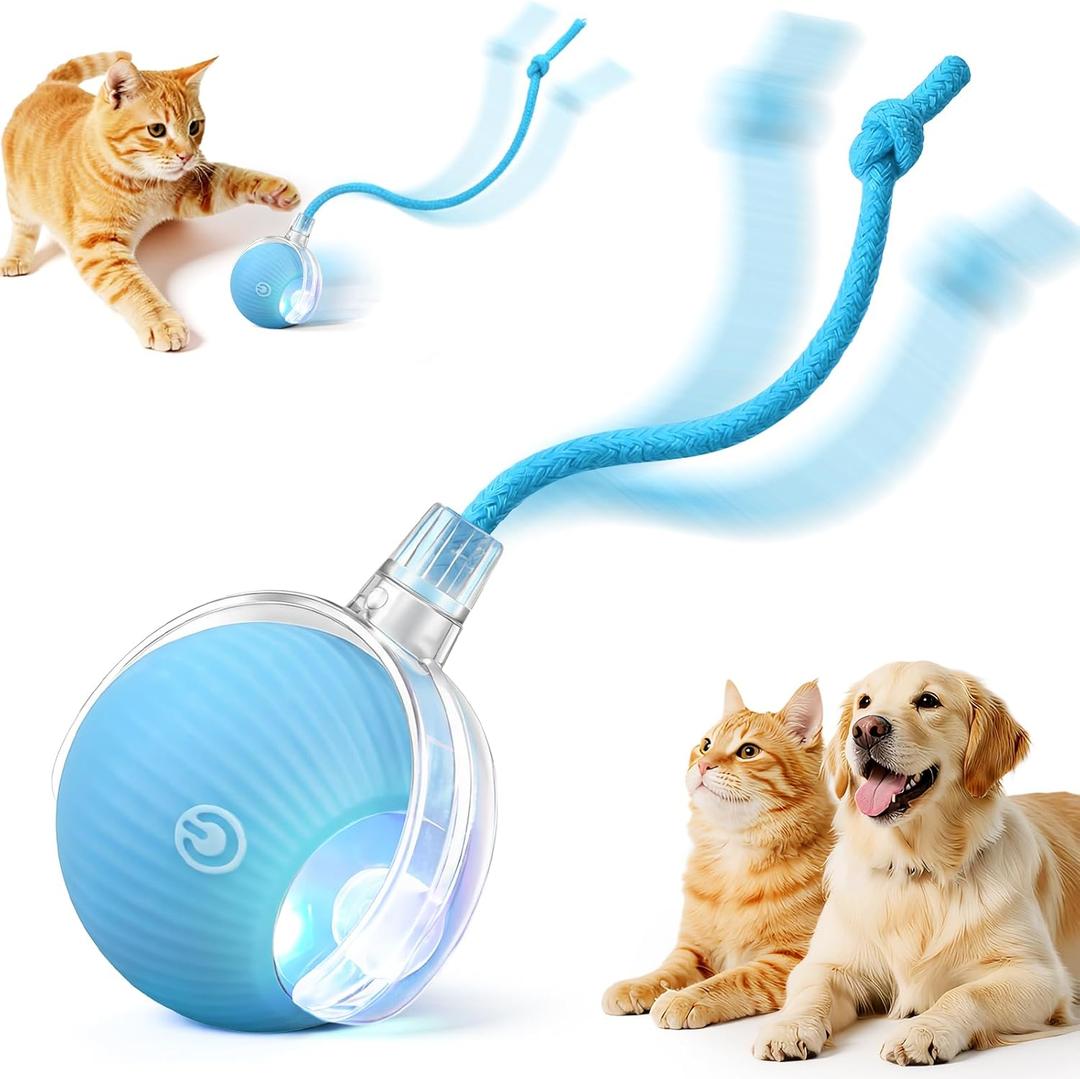 Interactive Electric Automatic Rolling Moving USB Rechargeable Self Activated Play Stimulation Toy Smart Chase Teaser Ball with Speedy Tail Rope for Bored Adult Indoor Cats Puppy Dogs, Blue