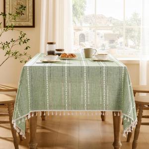 ZeeMart Hemstitched Embroidery Striped Boho Tablecloth 54x70 Inch Sage Green, Heavy Weight Farmhouse Burlap Linen Sage Green Tablecloth, Wrinkle Resistant Washable Table Cloth for Rectangle Table