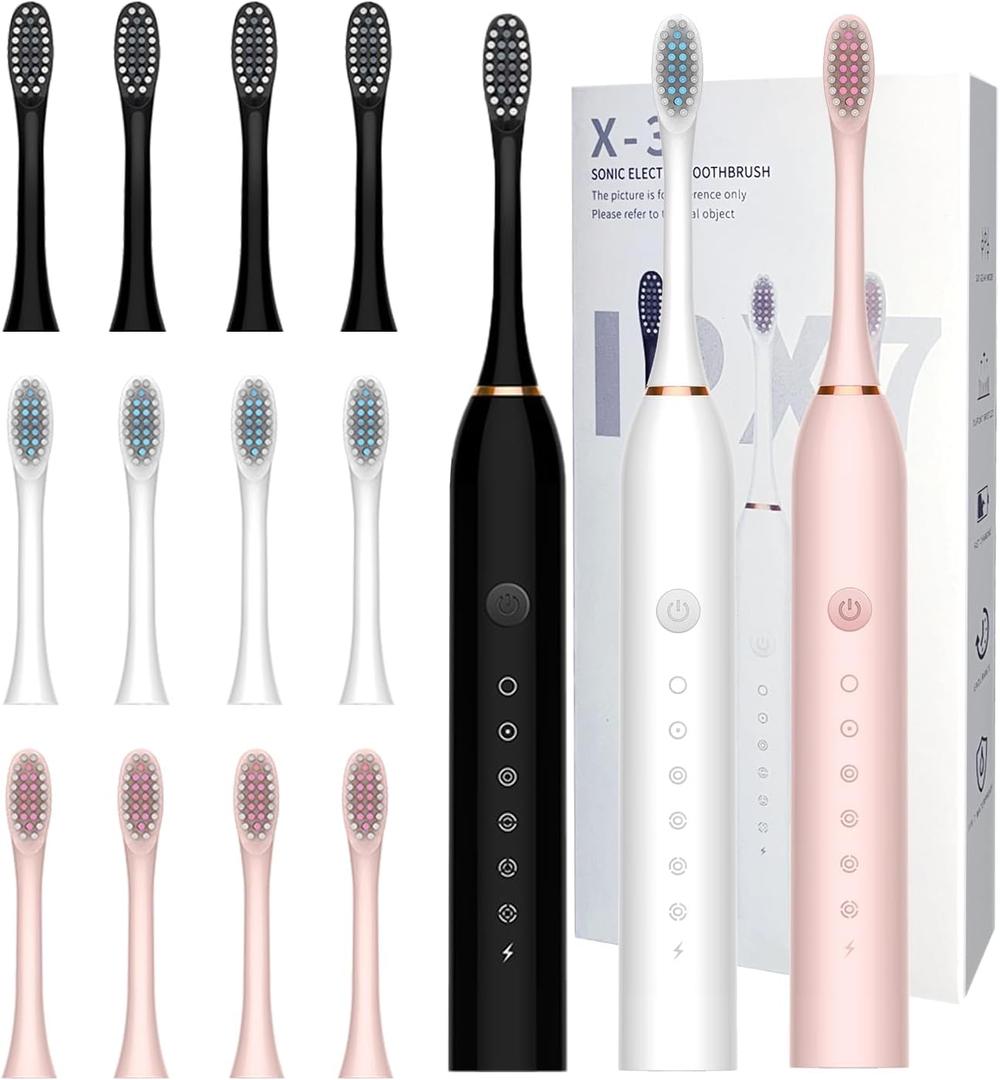3 Pack Electric Toothbrush with 6 Modes, Rechargeable Toothbrushes with 12 Brush Head, Fast Charge 2 Min and 30s Timer Toothbrush (Black&white&pink)