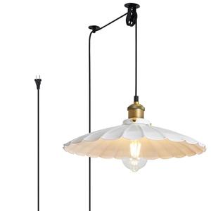 Oyisen Hanging Plug in Pendant Light 13.8 Inch Round Metal Shade Vintage White Pendant Light for Kitchen Island Dome Industrial Hanging Lamp with Plug in Cord Living Room