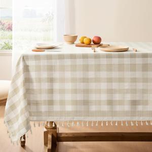 Softalker Checkered Tablecloth Rectangle, Outdoor Linen Cotton Gingham Table Cloth with Tassel, Heavy Duty Wrinkle Free Buffalo Plaid Table Cover for Kitchen Dining Home Party - 55 x 84 Inch, Beige