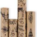 RUSPEPA Christmas Wrapping paper - Brown Kraft Paper with Black Christmas Elements Print Paper - 4 Roll-30Inch X 10Feet Per Roll