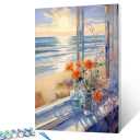 Window Landscape Flowers Paint by Numbers Kits 16x20 inch Canvas DIY Oil Painting for Kids, Students, Adults Beginner with Brushes and Acrylic Pigment - Beach Scenery Sun Landscape (DIY Frame)